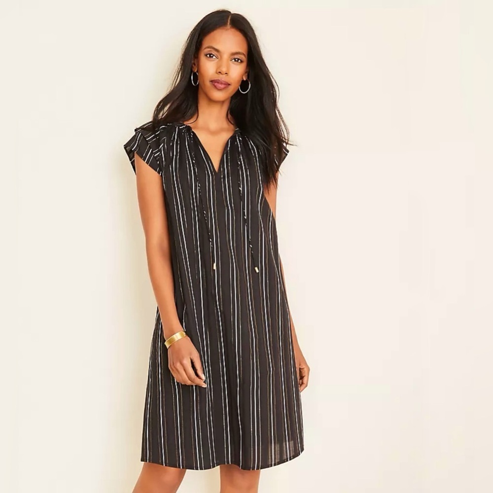 Ann Taylor Black Metallic Stripe Tie Neck Shift Dress Size 10 NWT